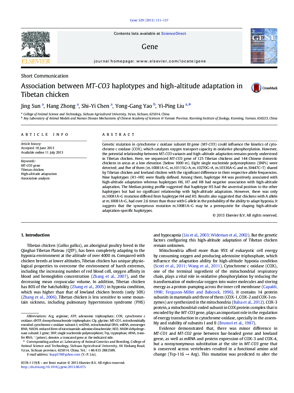 Association between MT-CO3 haplotypes and high-altitude adaptation in Tibetan chicken