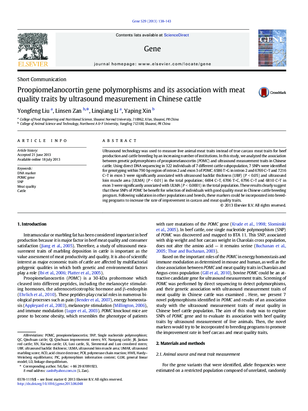 Proopiomelanocortin gene polymorphisms and its association with meat quality traits by ultrasound measurement in Chinese cattle