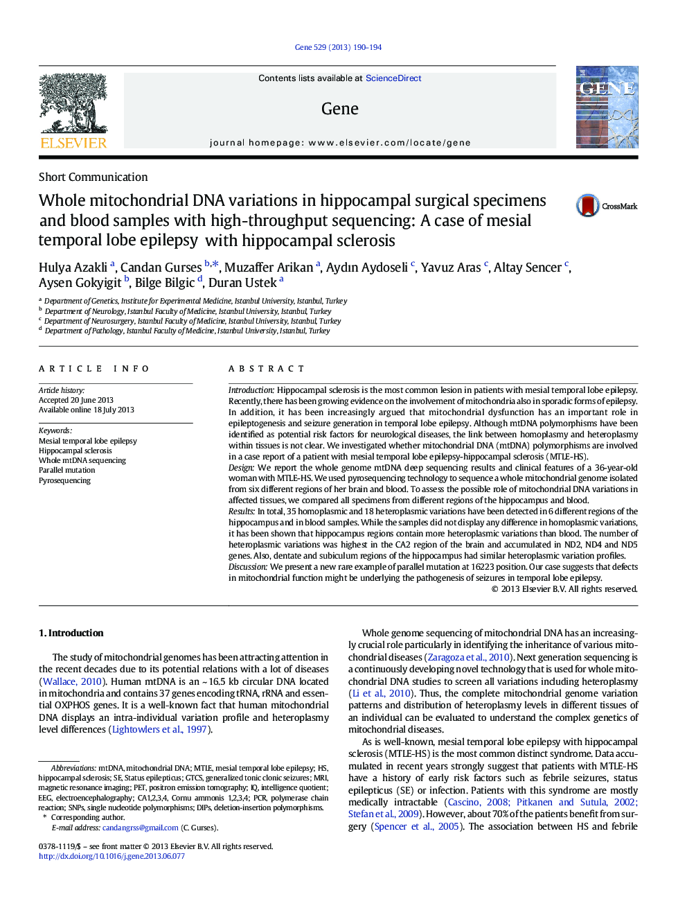 Whole mitochondrial DNA variations in hippocampal surgical specimens and blood samples with high-throughput sequencing: A case of mesial temporal lobe epilepsy with hippocampal sclerosis