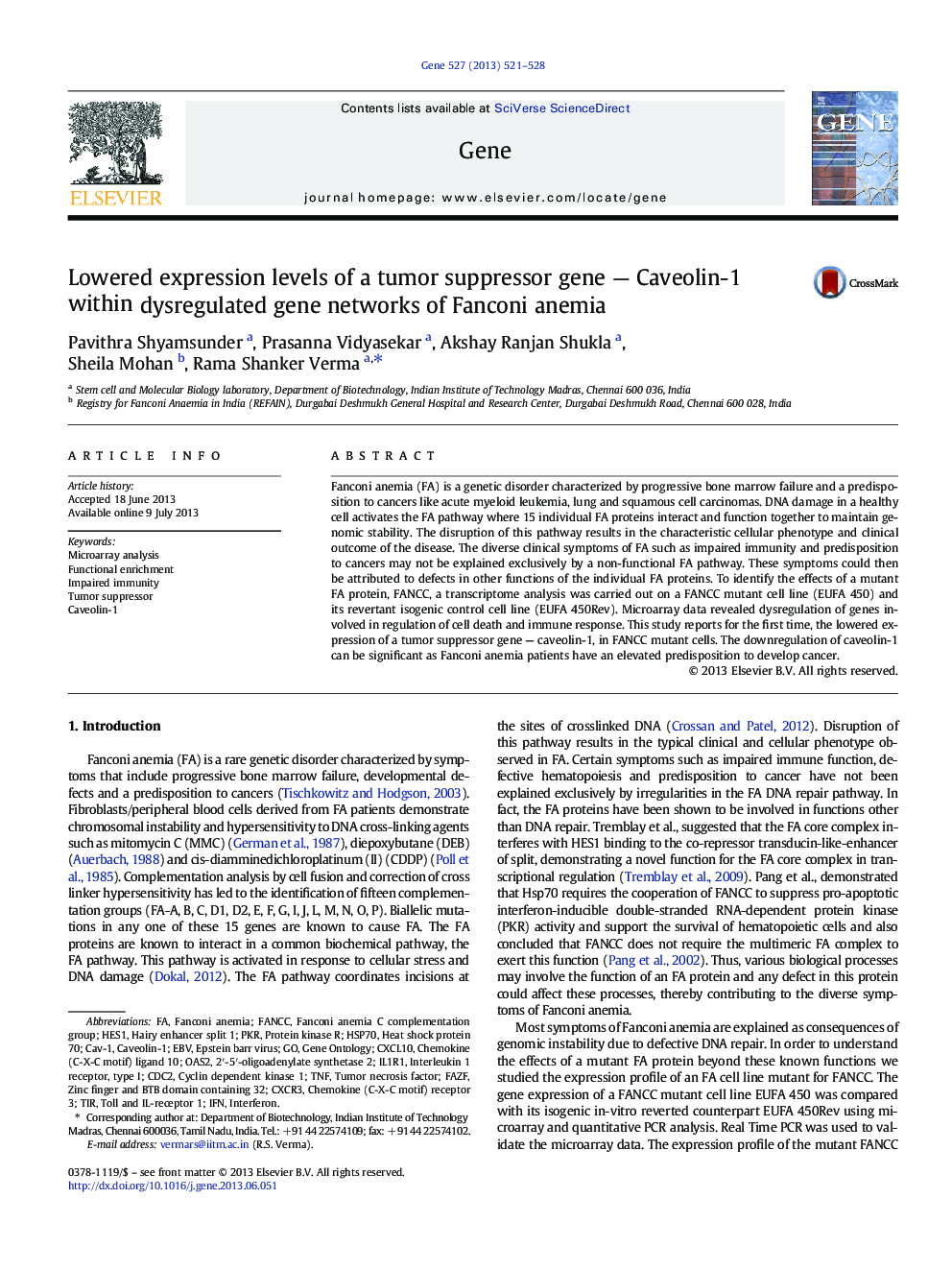 Lowered expression levels of a tumor suppressor gene — Caveolin-1 within dysregulated gene networks of Fanconi anemia