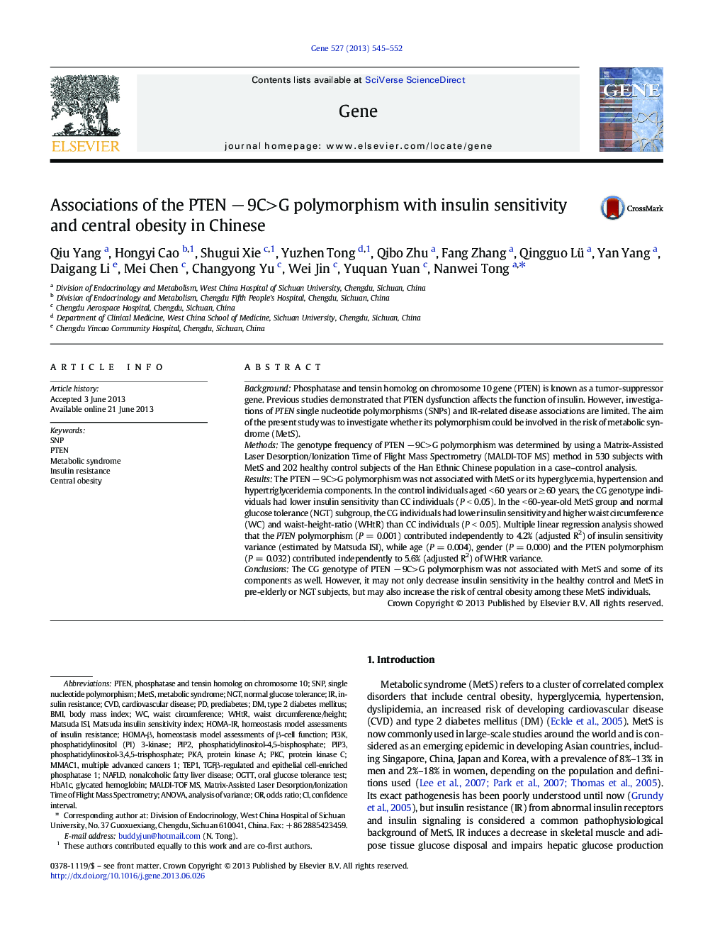 Associations of the PTEN − 9C>G polymorphism with insulin sensitivity and central obesity in Chinese