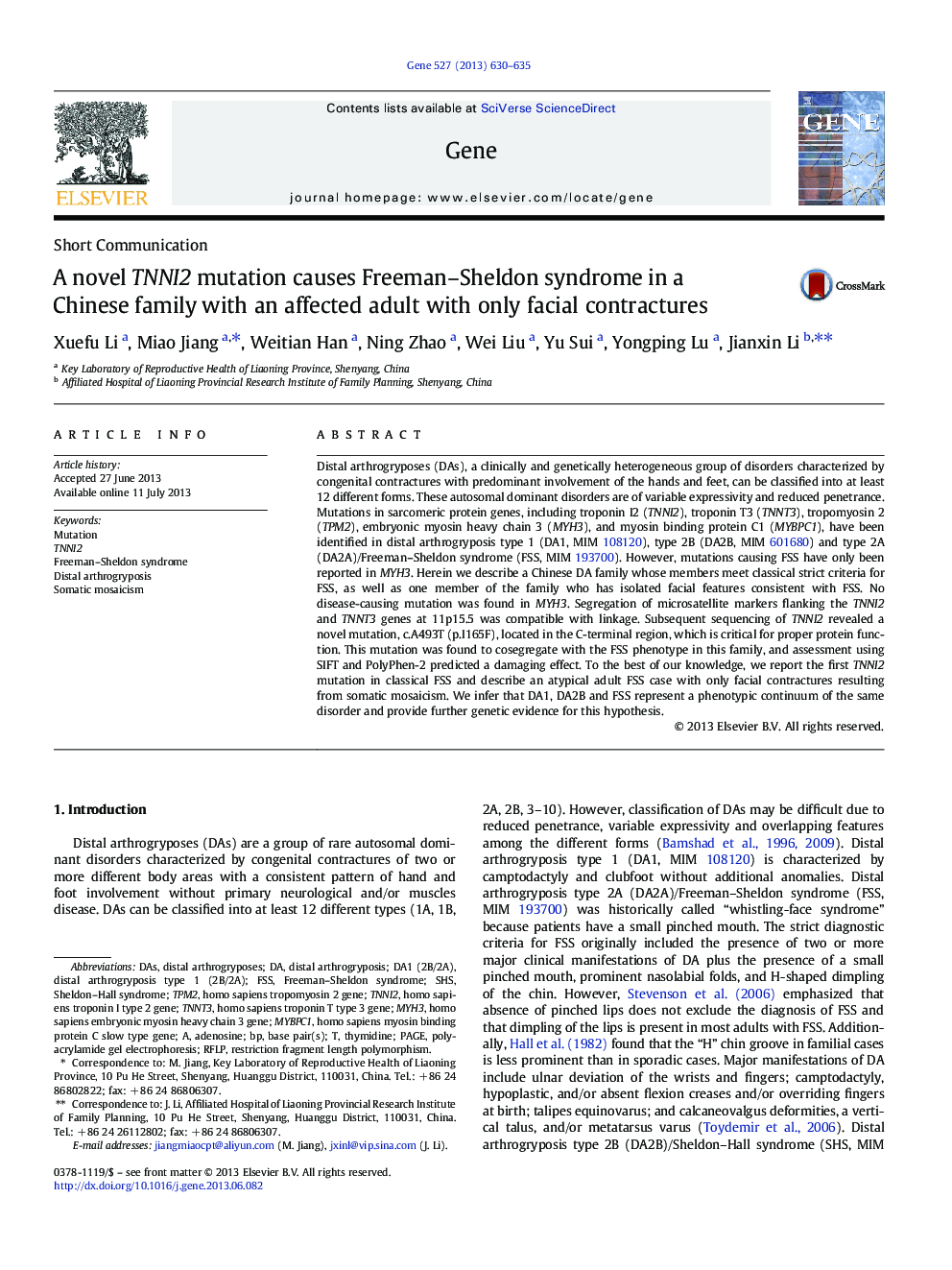 A novel TNNI2 mutation causes Freeman–Sheldon syndrome in a Chinese family with an affected adult with only facial contractures