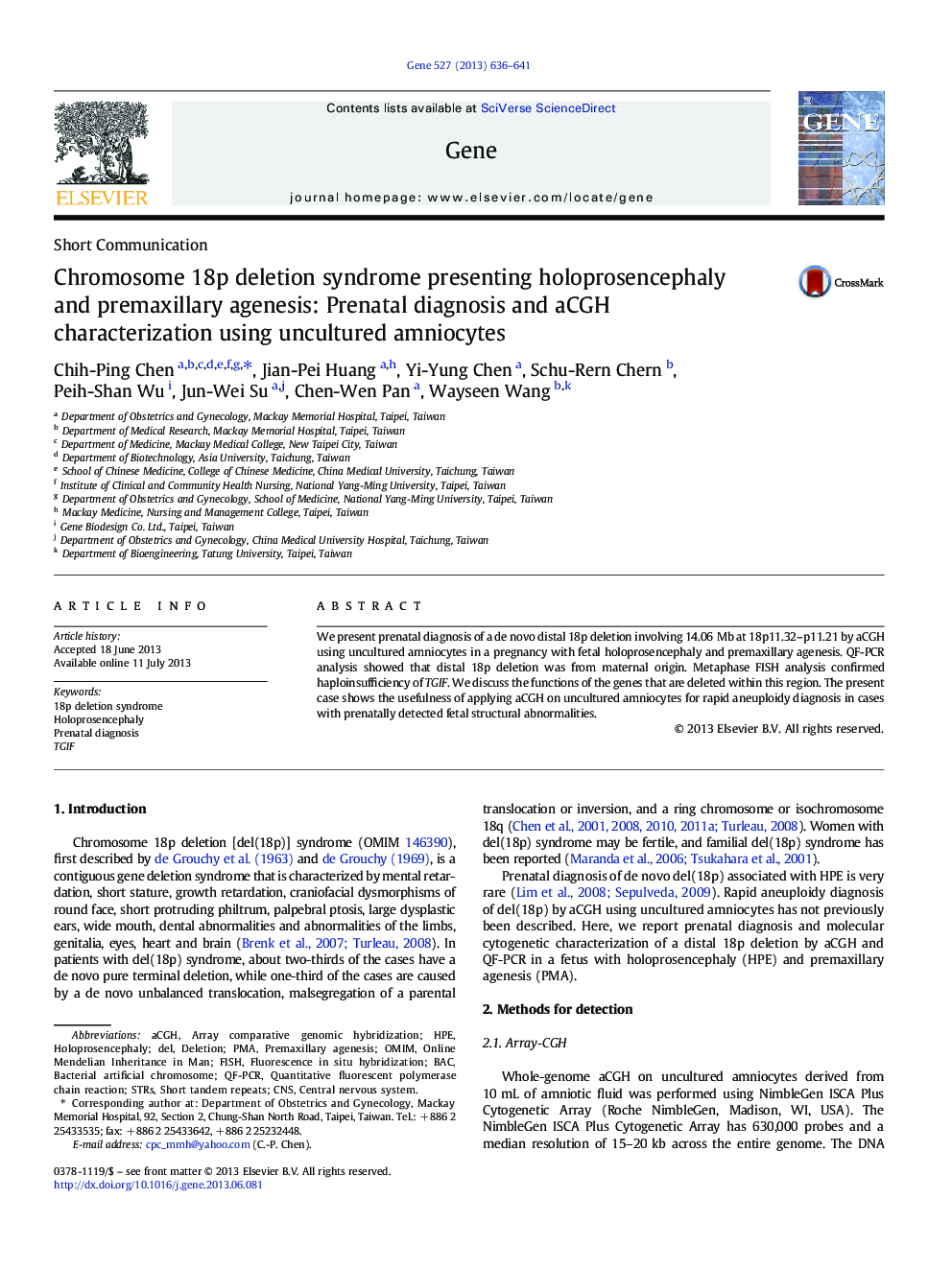 Chromosome 18p deletion syndrome presenting holoprosencephaly and premaxillary agenesis: Prenatal diagnosis and aCGH characterization using uncultured amniocytes