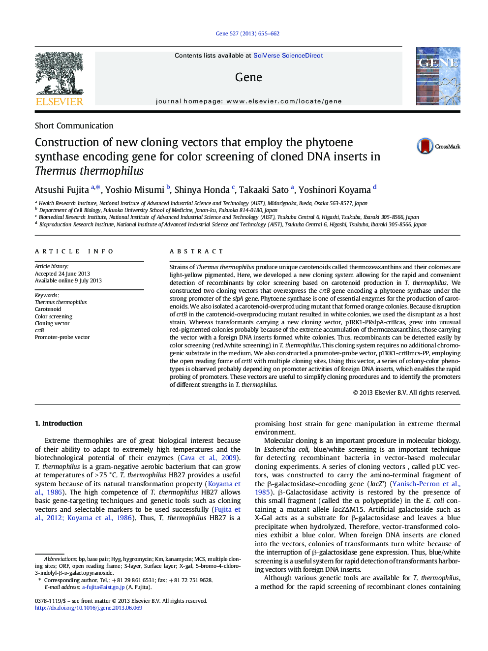 Construction of new cloning vectors that employ the phytoene synthase encoding gene for color screening of cloned DNA inserts in Thermus thermophilus