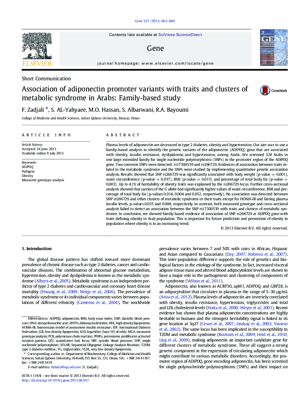 Association of adiponectin promoter variants with traits and clusters of metabolic syndrome in Arabs: Family-based study