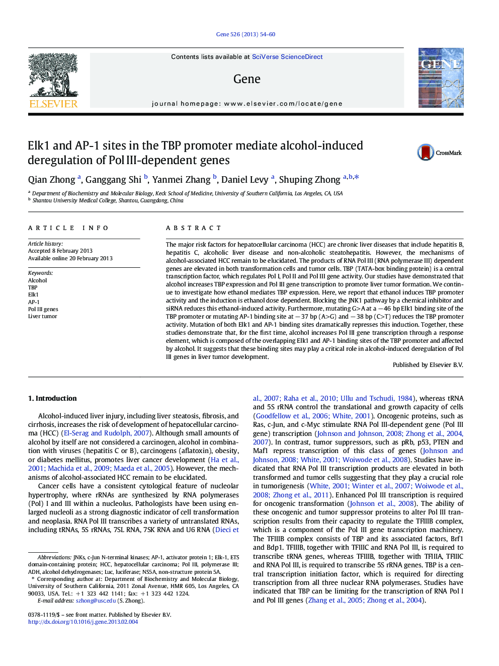 Elk1 and AP-1 sites in the TBP promoter mediate alcohol-induced deregulation of Pol III-dependent genes