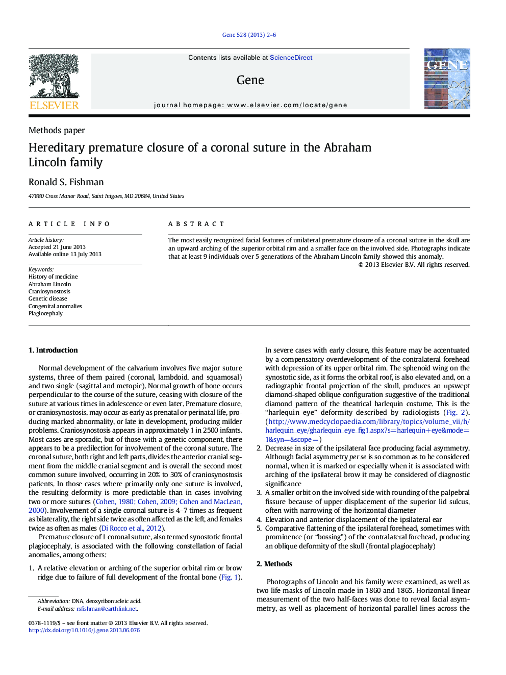 Hereditary premature closure of a coronal suture in the Abraham Lincoln family