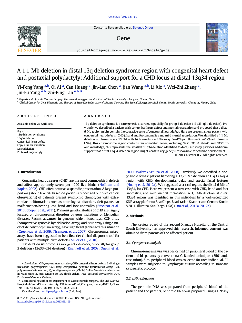 A 1.1 Mb deletion in distal 13q deletion syndrome region with congenital heart defect and postaxial polydactyly: Additional support for a CHD locus at distal 13q34 region