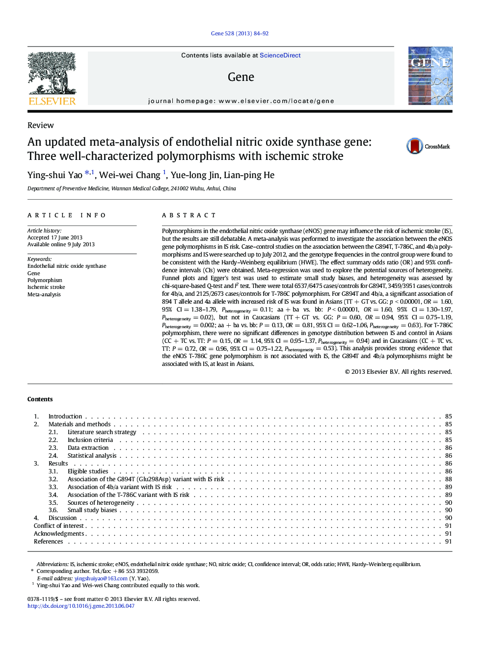 An updated meta-analysis of endothelial nitric oxide synthase gene: Three well-characterized polymorphisms with ischemic stroke