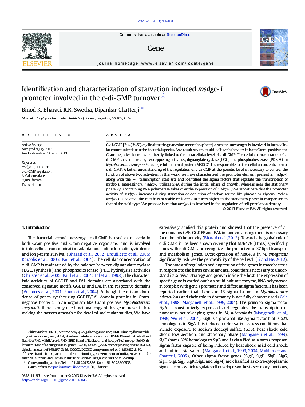 Identification and characterization of starvation induced msdgc-1 promoter involved in the c-di-GMP turnover 