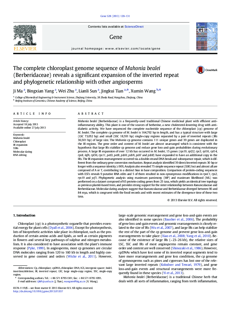 The complete chloroplast genome sequence of Mahonia bealei (Berberidaceae) reveals a significant expansion of the inverted repeat and phylogenetic relationship with other angiosperms