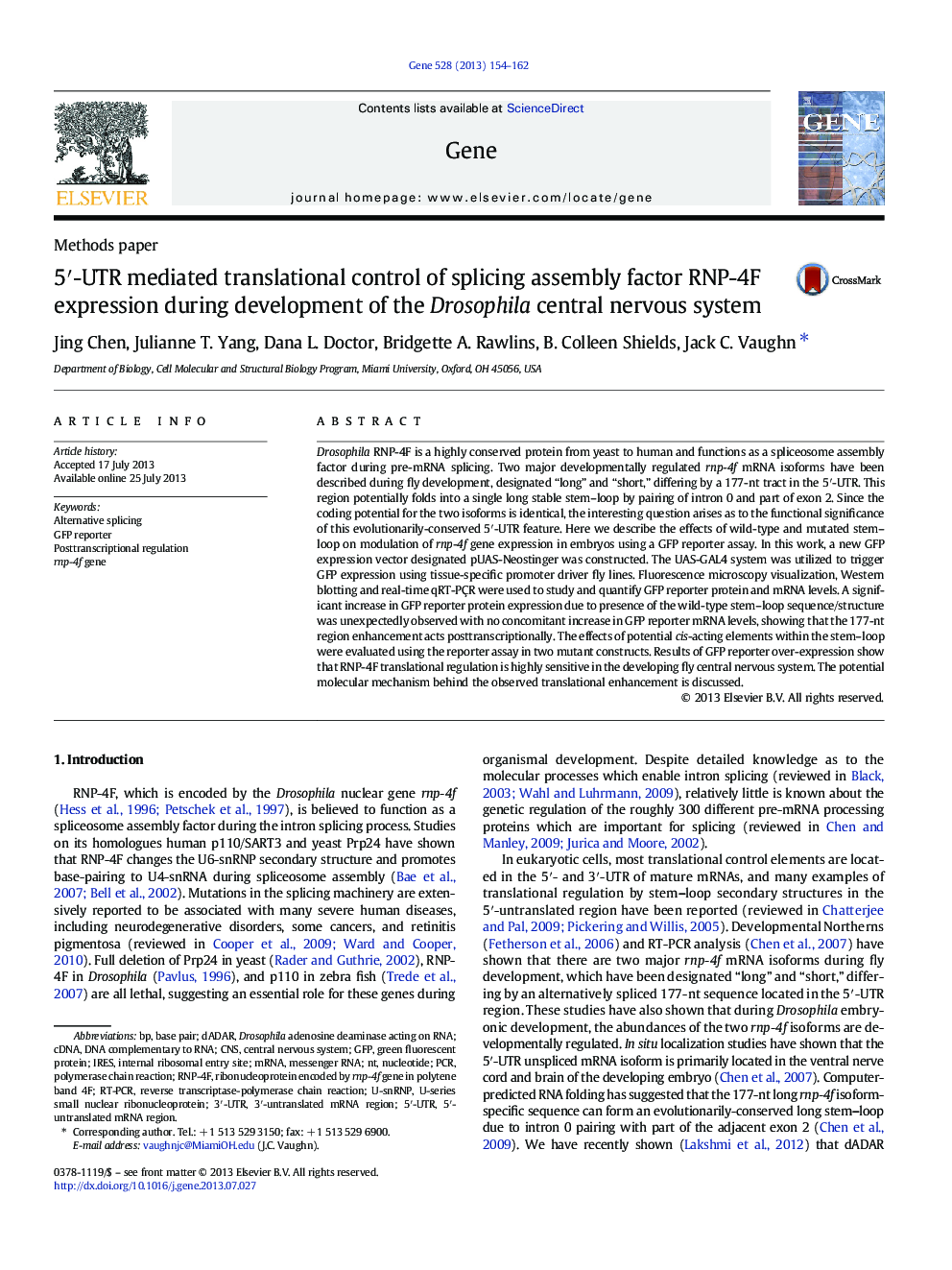 5′-UTR mediated translational control of splicing assembly factor RNP-4F expression during development of the Drosophila central nervous system
