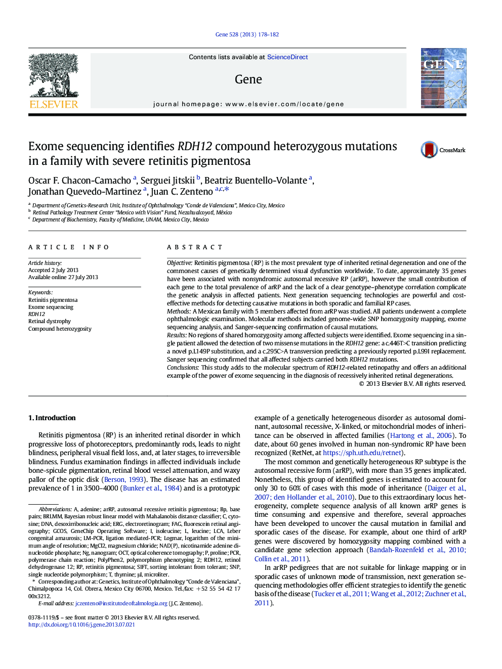 Exome sequencing identifies RDH12 compound heterozygous mutations in a family with severe retinitis pigmentosa