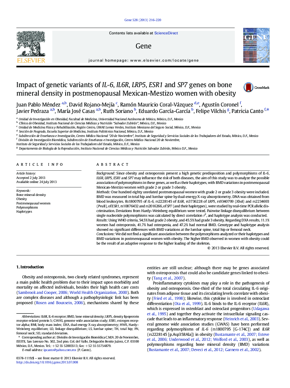 Impact of genetic variants of IL-6, IL6R, LRP5, ESR1 and SP7 genes on bone mineral density in postmenopausal Mexican-Mestizo women with obesity