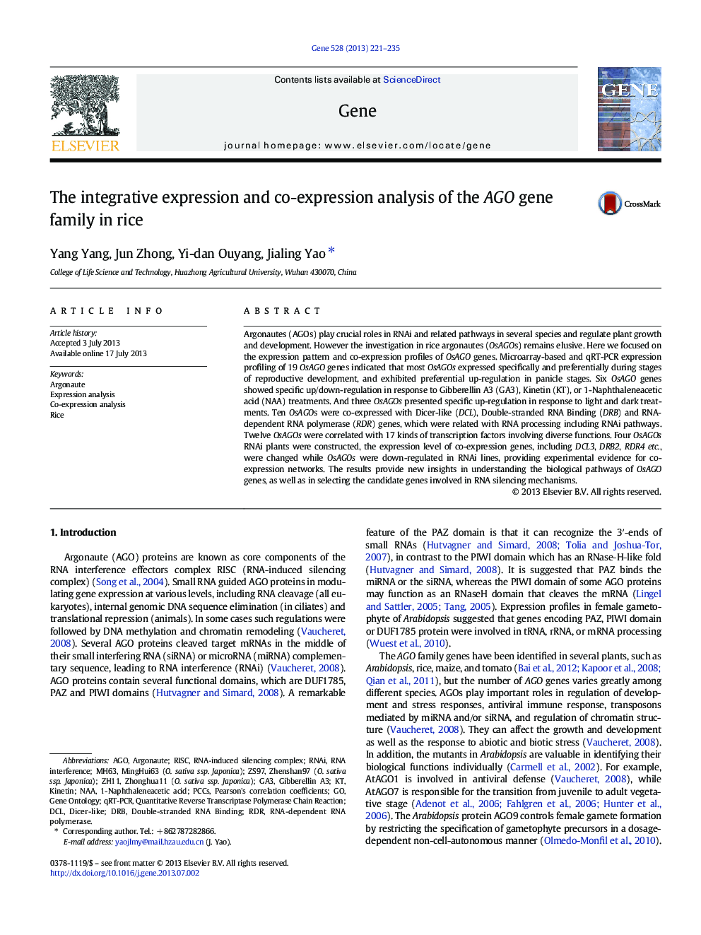 عکس صفحه اول مقاله: The integrative expression and co-expression analysis of the AGO gene family in rice The integrative expression and co-expression analysis of the AGO gene family in rice