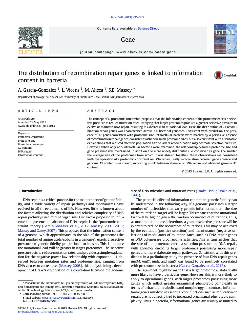 The distribution of recombination repair genes is linked to information content in bacteria