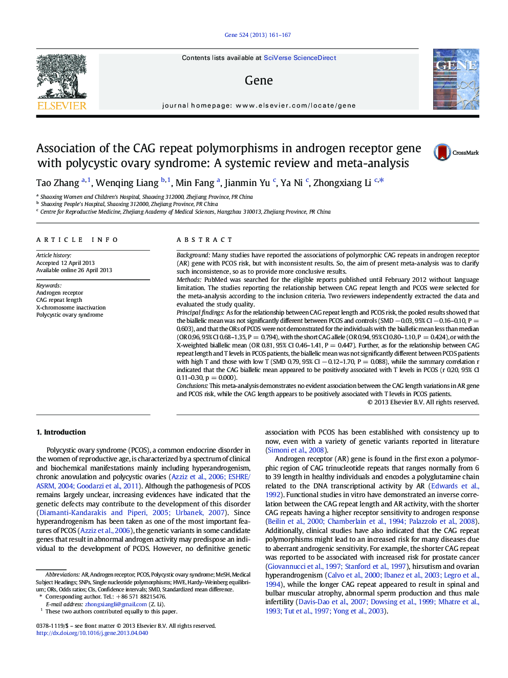 Association of the CAG repeat polymorphisms in androgen receptor gene with polycystic ovary syndrome: A systemic review and meta-analysis