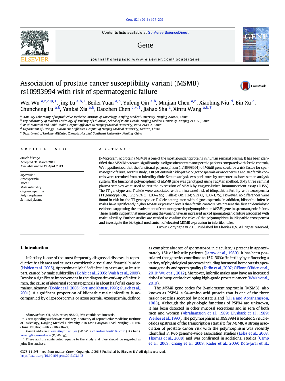 Association of prostate cancer susceptibility variant (MSMB) rs10993994 with risk of spermatogenic failure