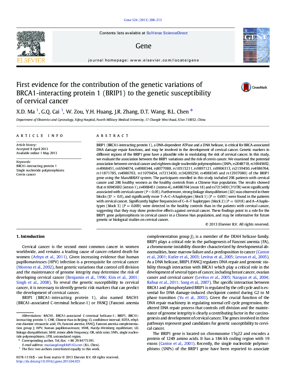 First evidence for the contribution of the genetic variations of BRCA1-interacting protein 1 (BRIP1) to the genetic susceptibility of cervical cancer