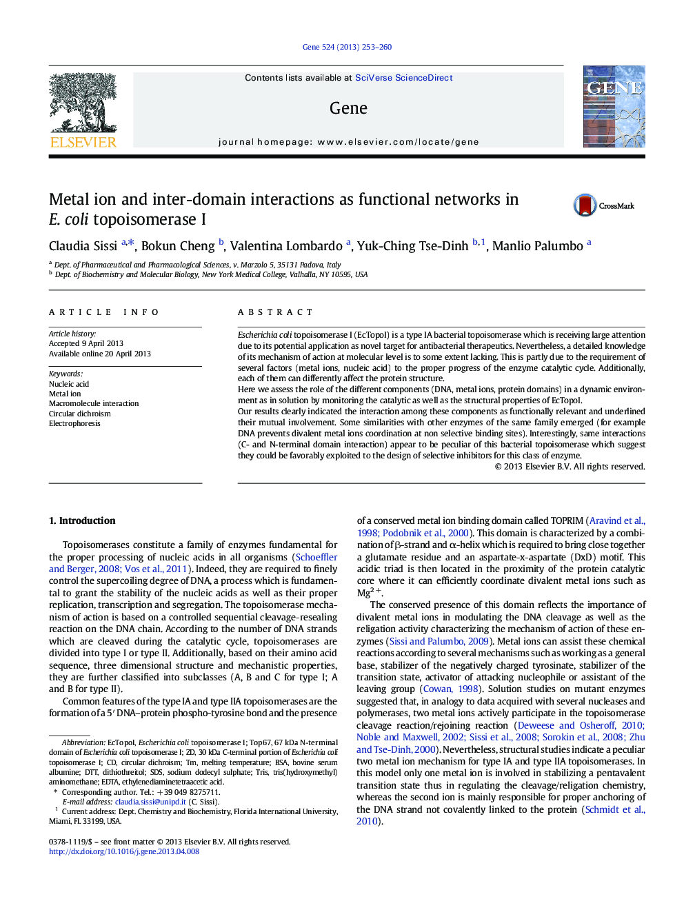 Metal ion and inter-domain interactions as functional networks in E. coli topoisomerase I