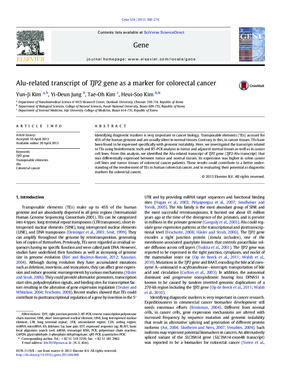 Alu-related transcript of TJP2 gene as a marker for colorectal cancer