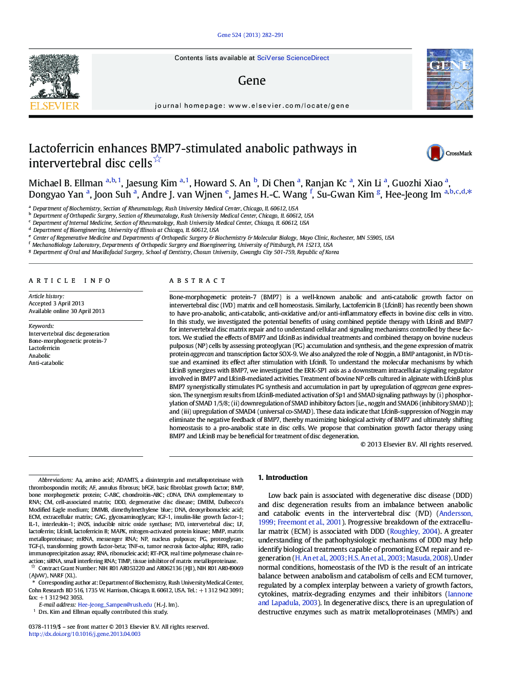 Lactoferricin enhances BMP7-stimulated anabolic pathways in intervertebral disc cells 