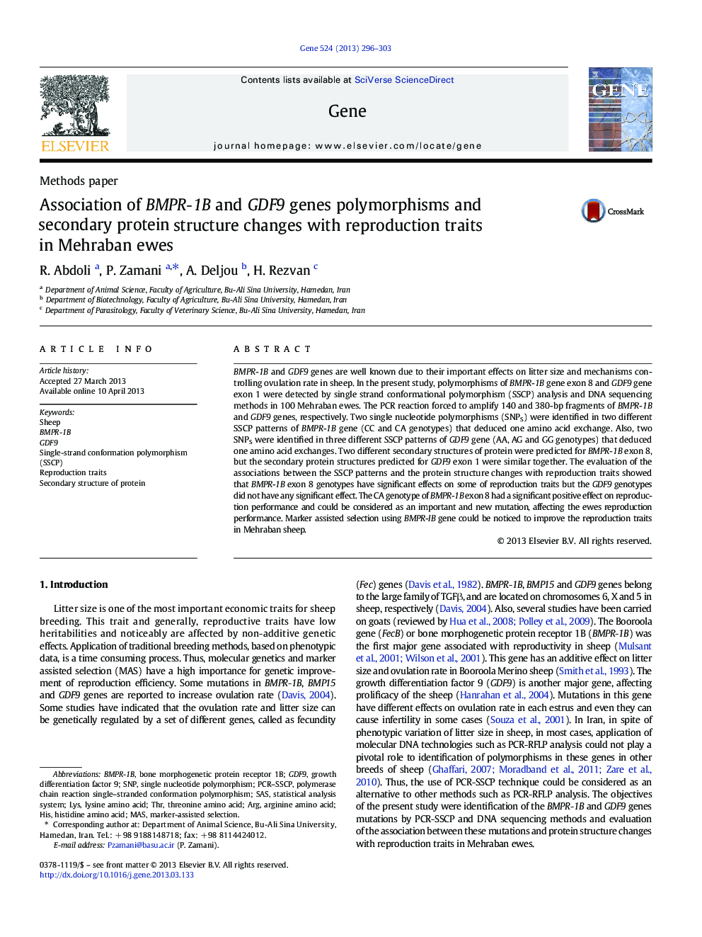 Association of BMPR-1B and GDF9 genes polymorphisms and secondary protein structure changes with reproduction traits in Mehraban ewes