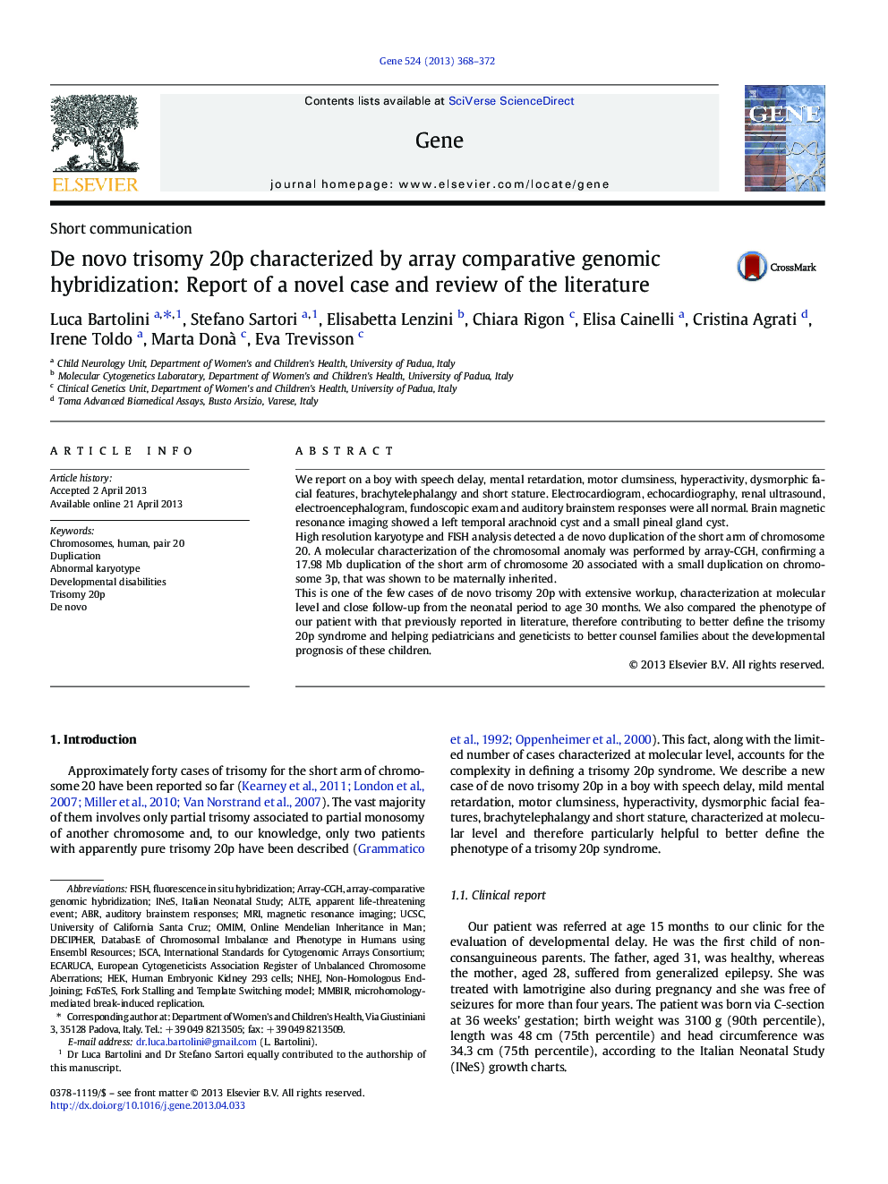 De novo trisomy 20p characterized by array comparative genomic hybridization: Report of a novel case and review of the literature