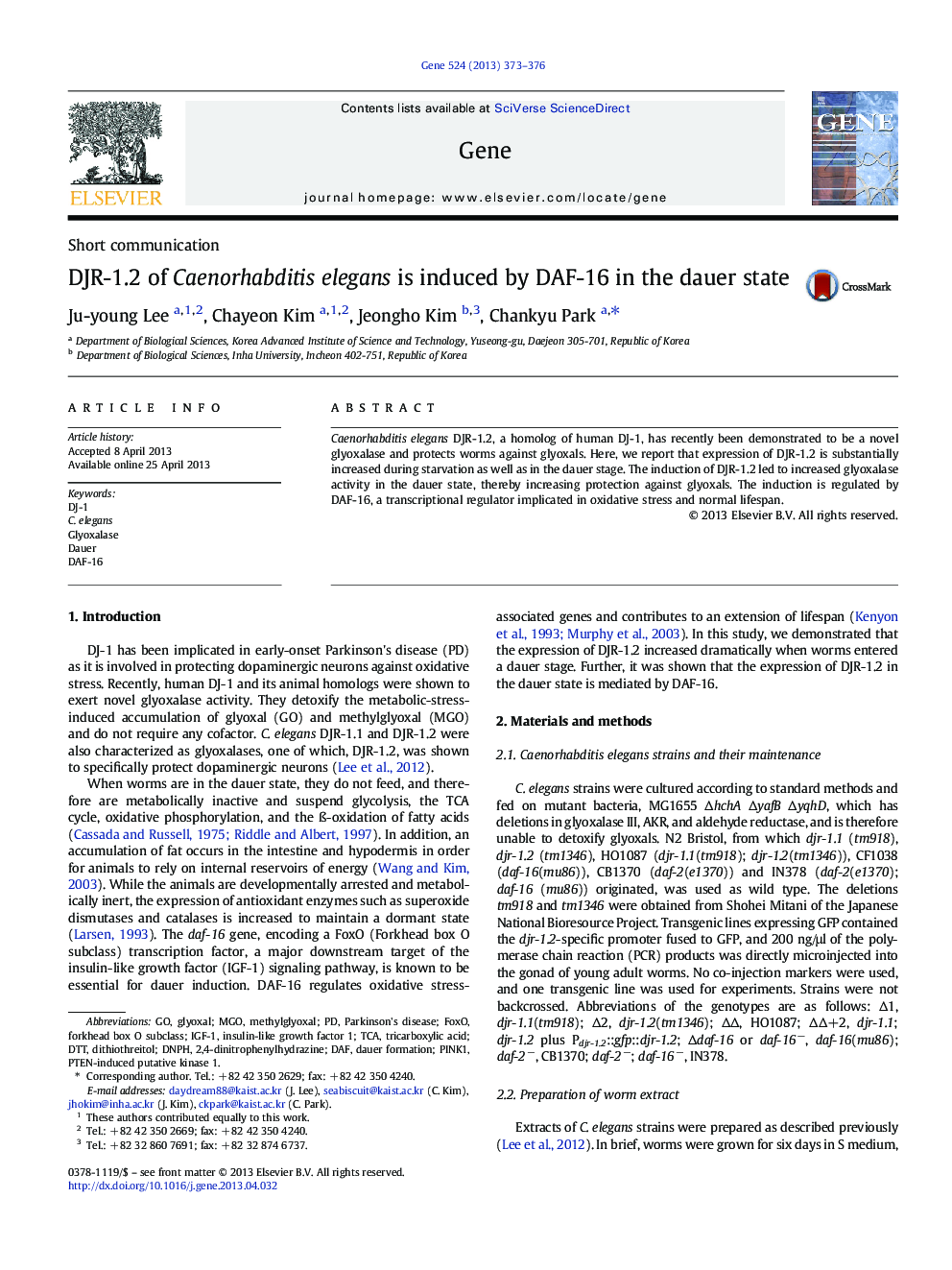 DJR-1.2 of Caenorhabditis elegans is induced by DAF-16 in the dauer state