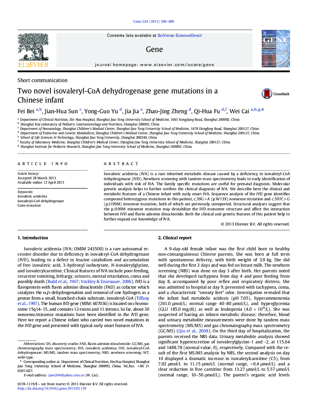 Two novel isovaleryl-CoA dehydrogenase gene mutations in a Chinese infant