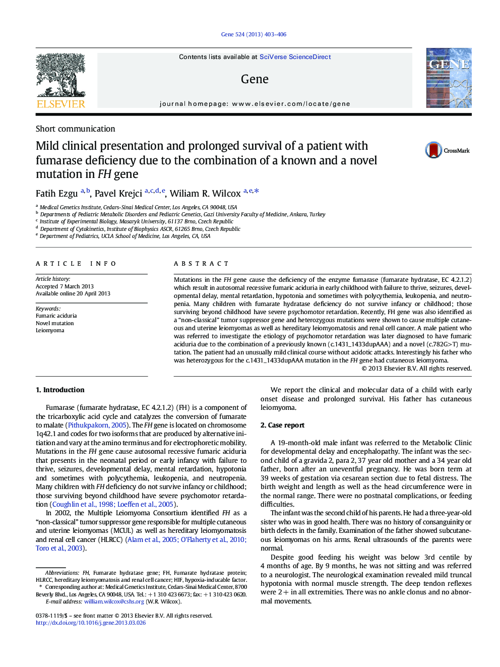 Mild clinical presentation and prolonged survival of a patient with fumarase deficiency due to the combination of a known and a novel mutation in FH gene