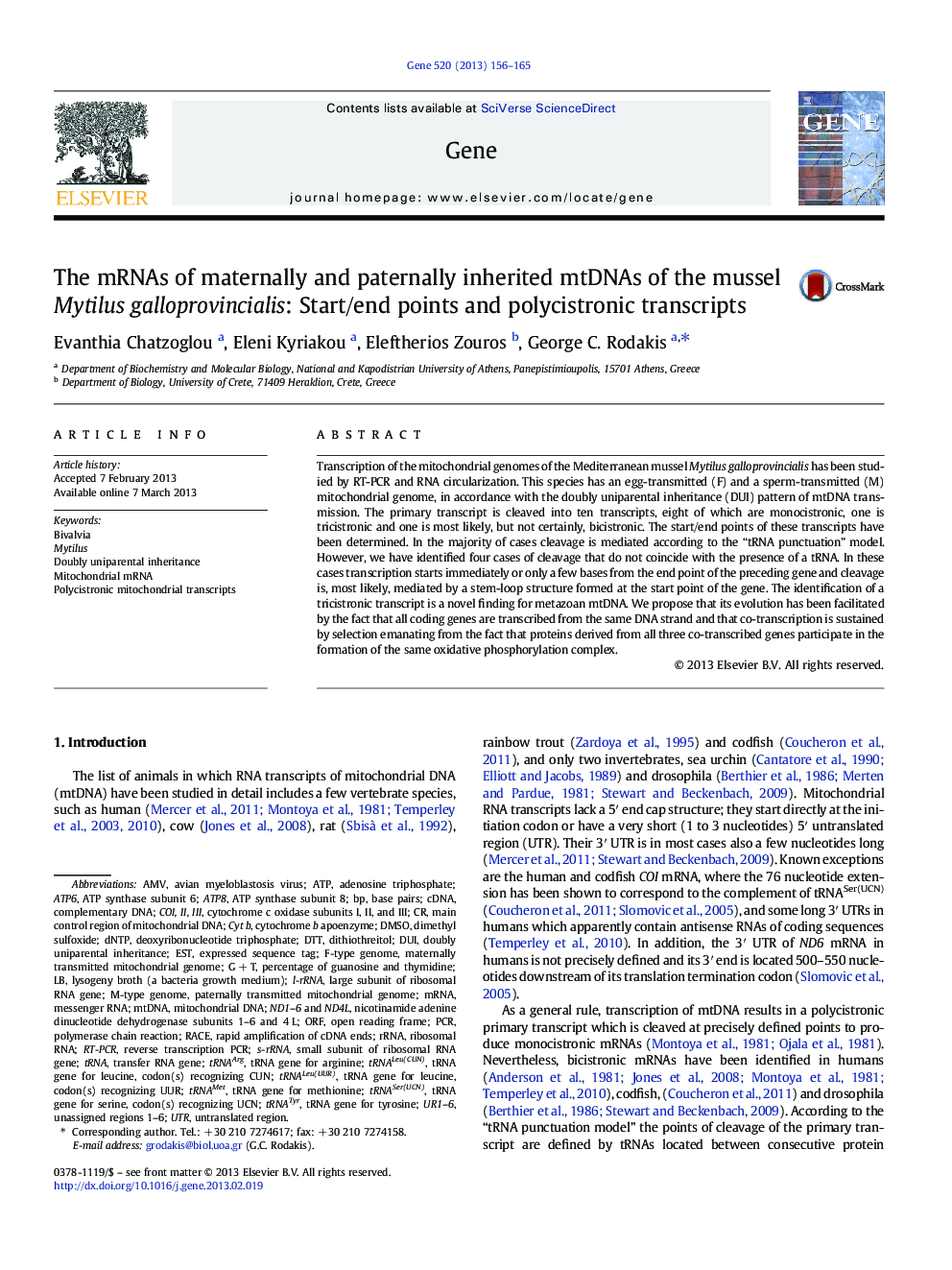 The mRNAs of maternally and paternally inherited mtDNAs of the mussel Mytilus galloprovincialis: Start/end points and polycistronic transcripts