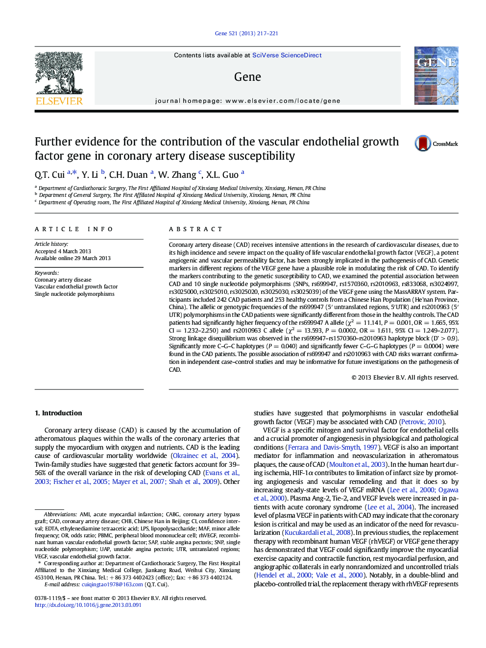 Further evidence for the contribution of the vascular endothelial growth factor gene in coronary artery disease susceptibility
