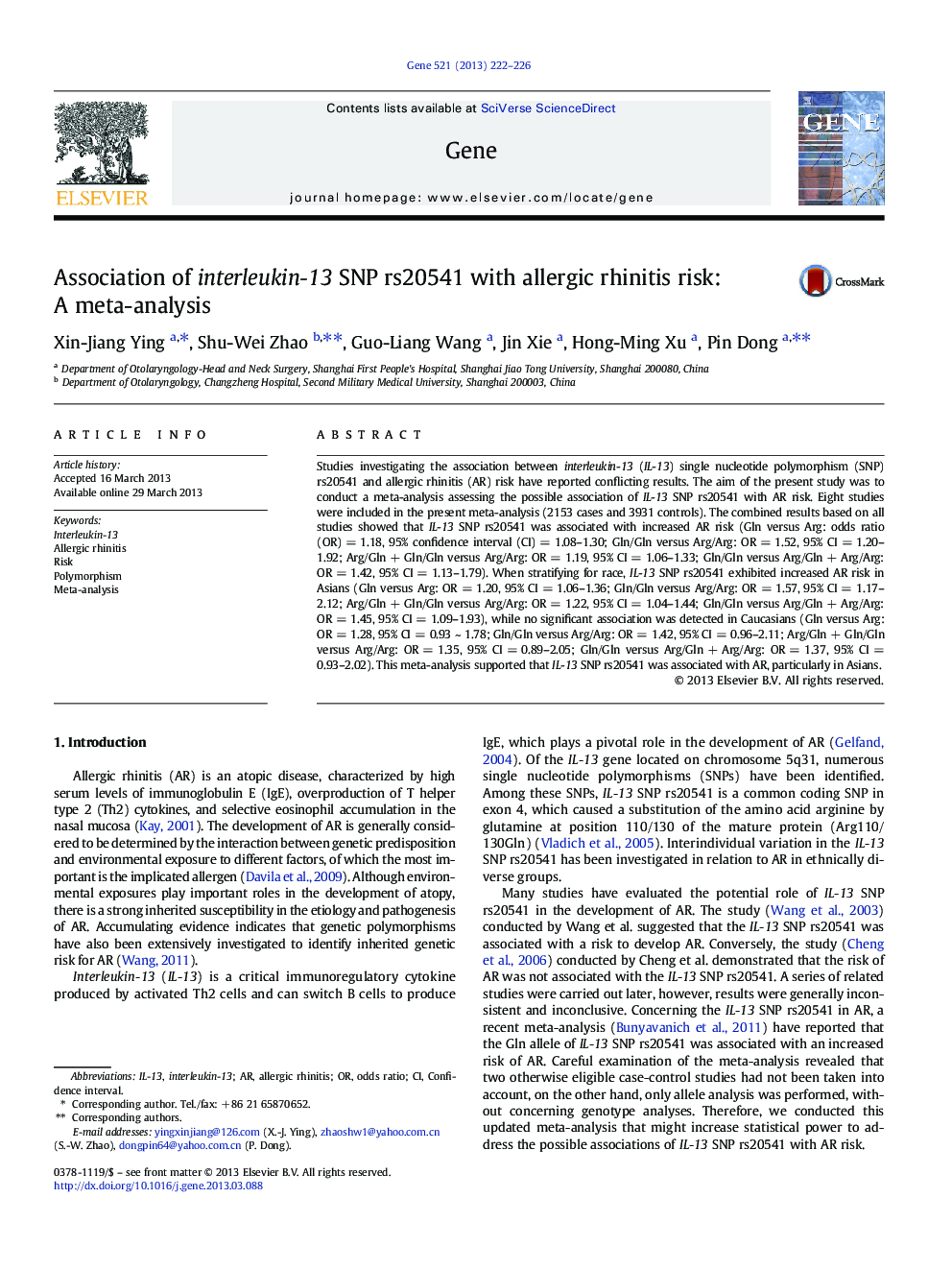 Association of interleukin-13 SNP rs20541 with allergic rhinitis risk: A meta-analysis