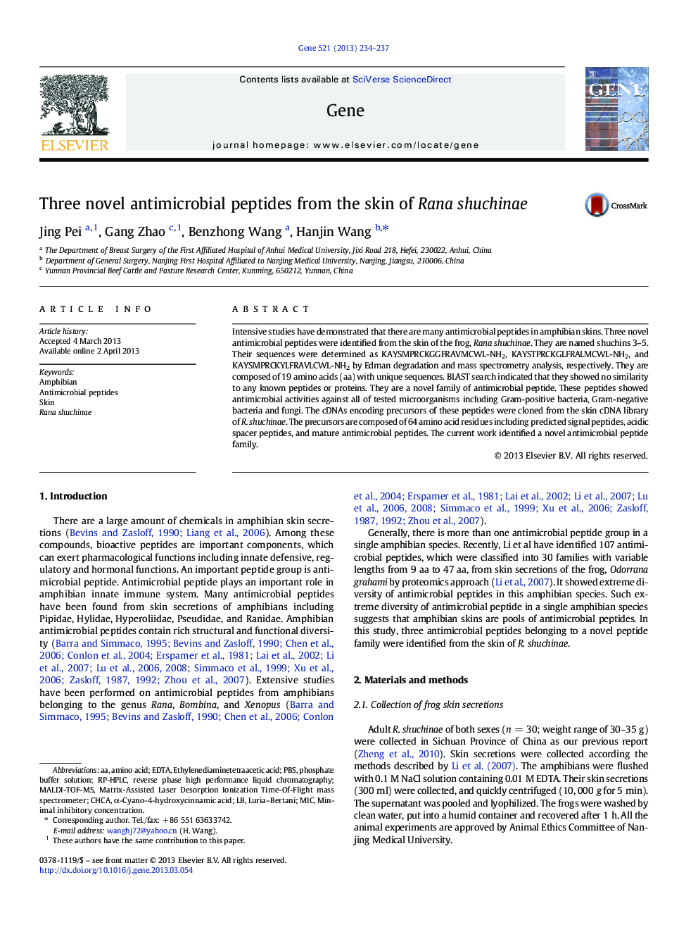 Three novel antimicrobial peptides from the skin of Rana shuchinae