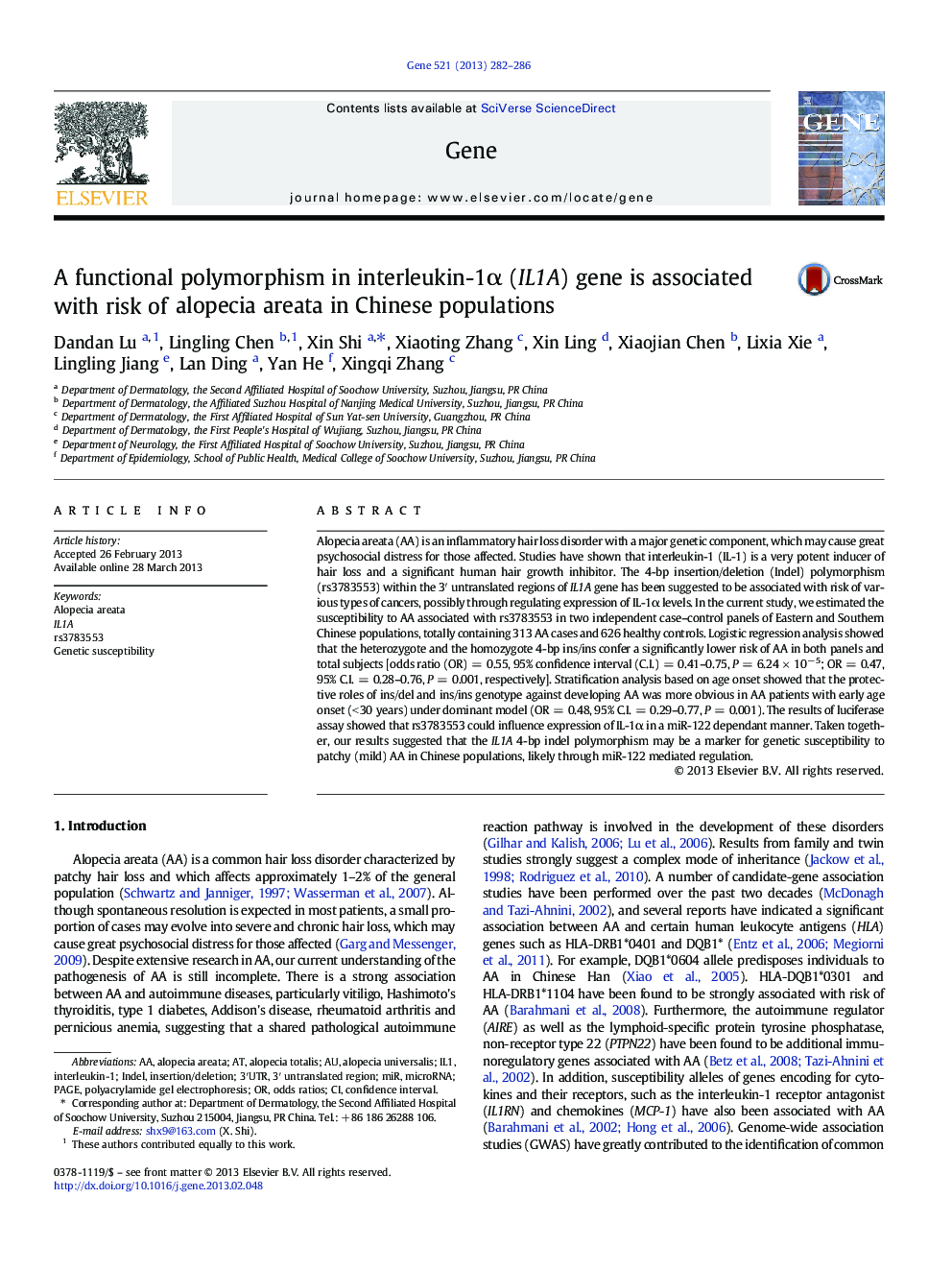 A functional polymorphism in interleukin-1α (IL1A) gene is associated with risk of alopecia areata in Chinese populations