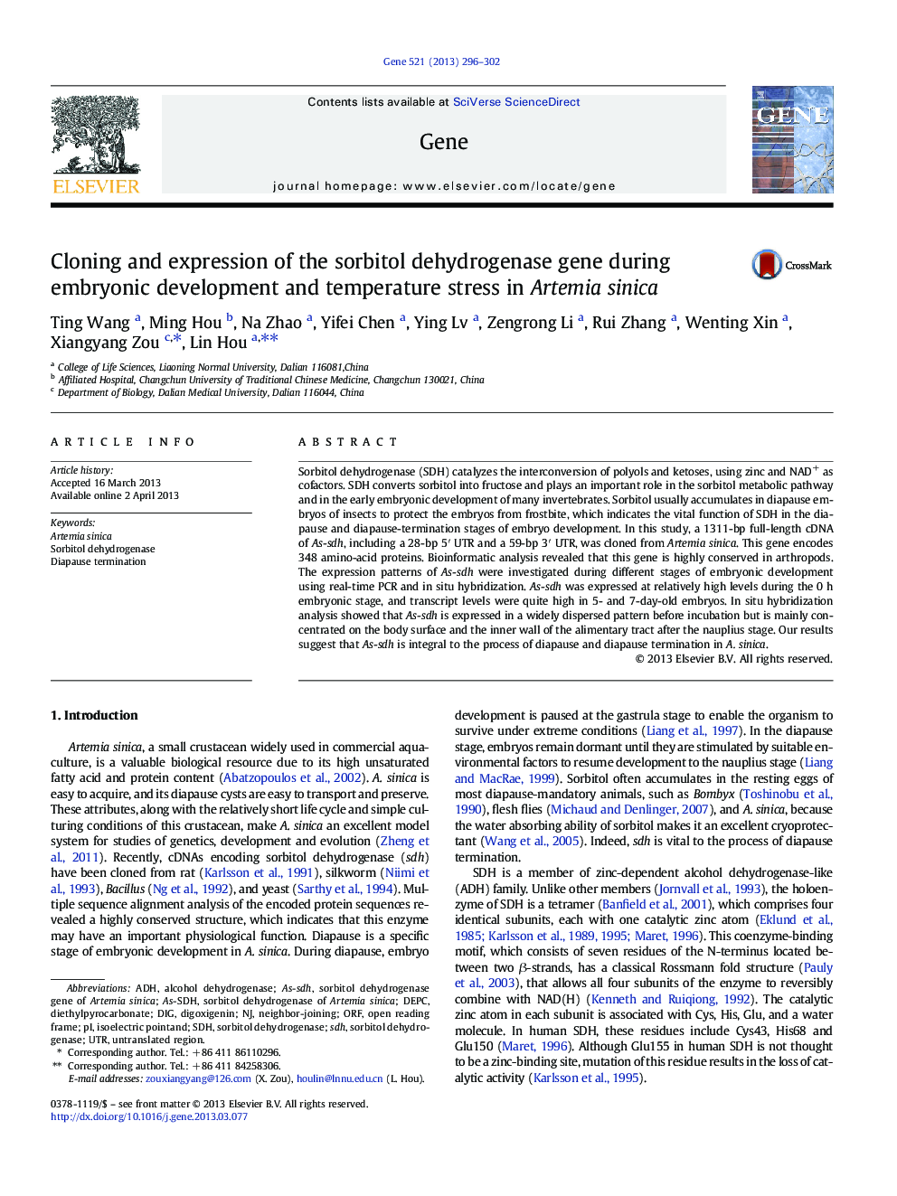 Cloning and expression of the sorbitol dehydrogenase gene during embryonic development and temperature stress in Artemia sinica