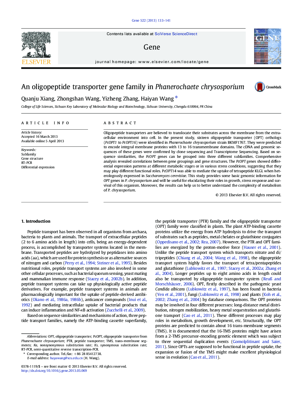 An oligopeptide transporter gene family in Phanerochaete chrysosporium