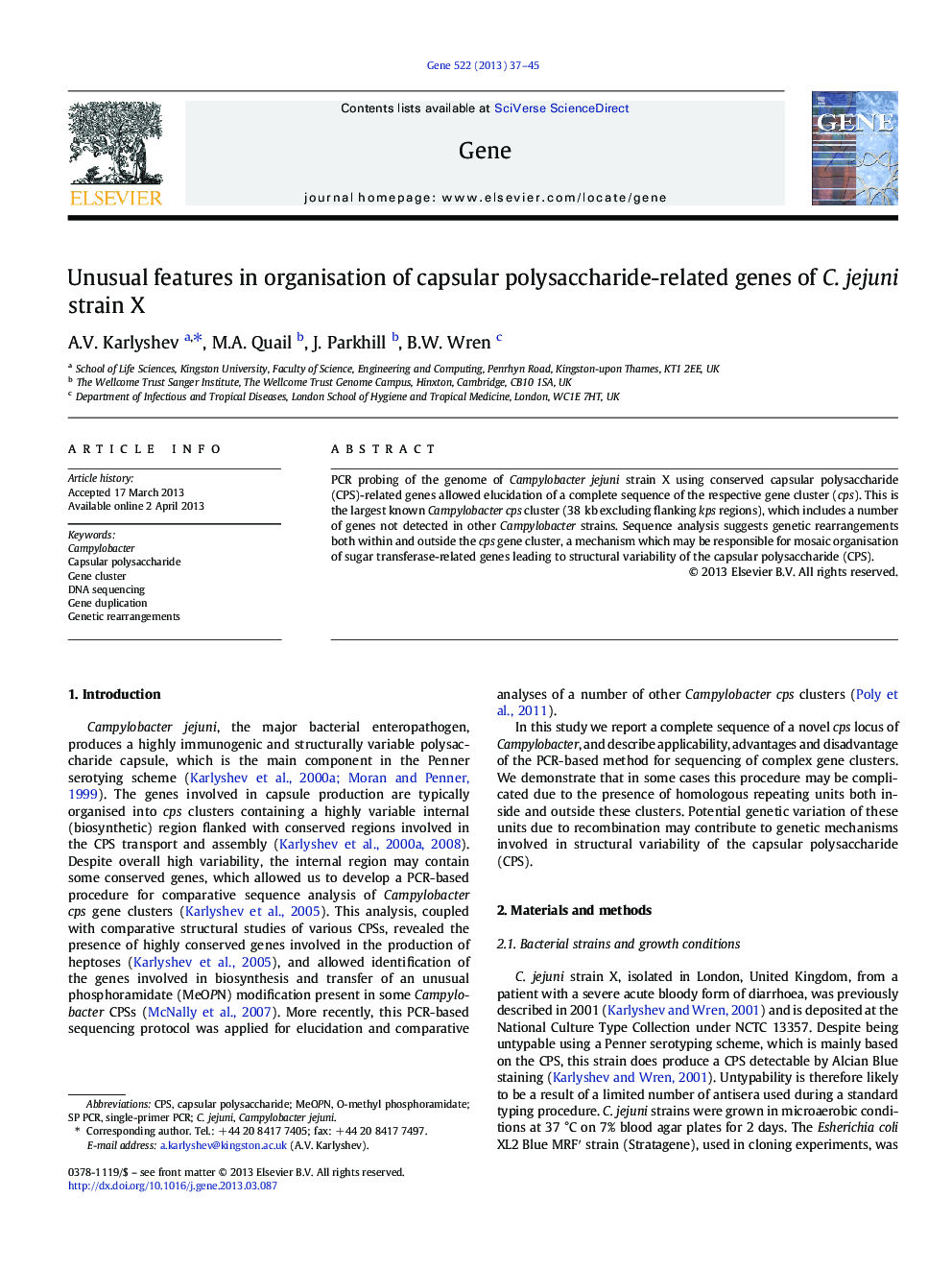 Unusual features in organisation of capsular polysaccharide-related genes of C. jejuni strain X