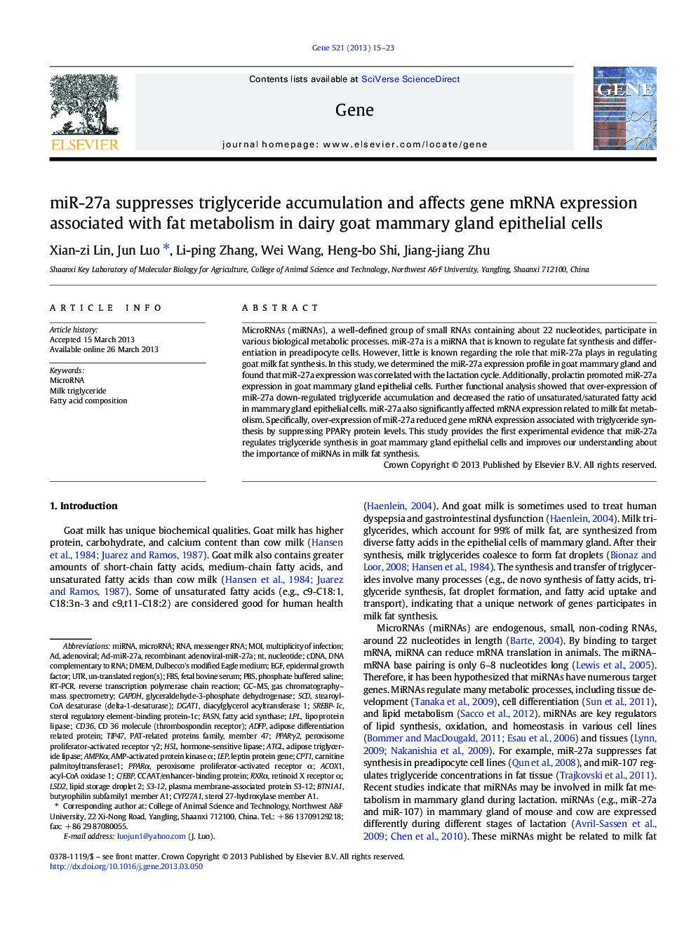 miR-27a suppresses triglyceride accumulation and affects gene mRNA expression associated with fat metabolism in dairy goat mammary gland epithelial cells