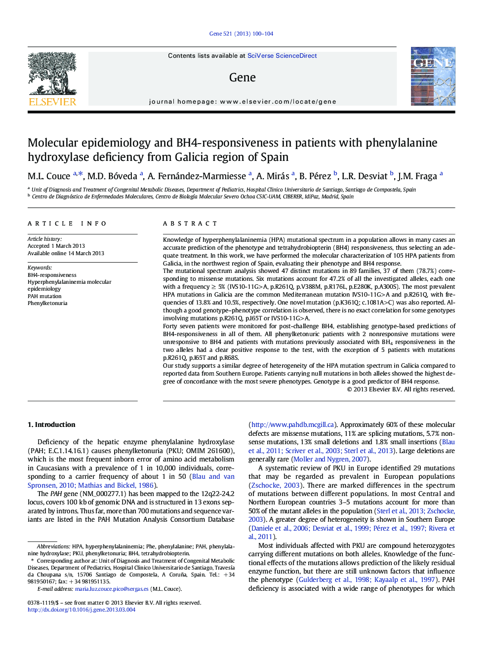 Molecular epidemiology and BH4-responsiveness in patients with phenylalanine hydroxylase deficiency from Galicia region of Spain