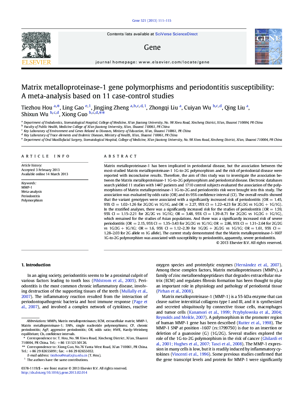 Matrix metalloproteinase-1 gene polymorphisms and periodontitis susceptibility: A meta-analysis based on 11 case-control studies