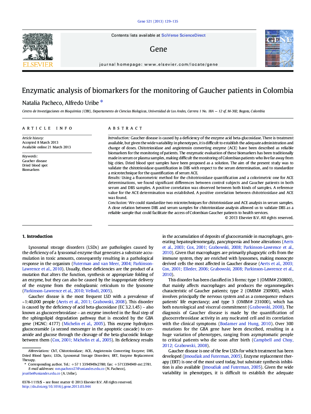 Enzymatic analysis of biomarkers for the monitoring of Gaucher patients in Colombia