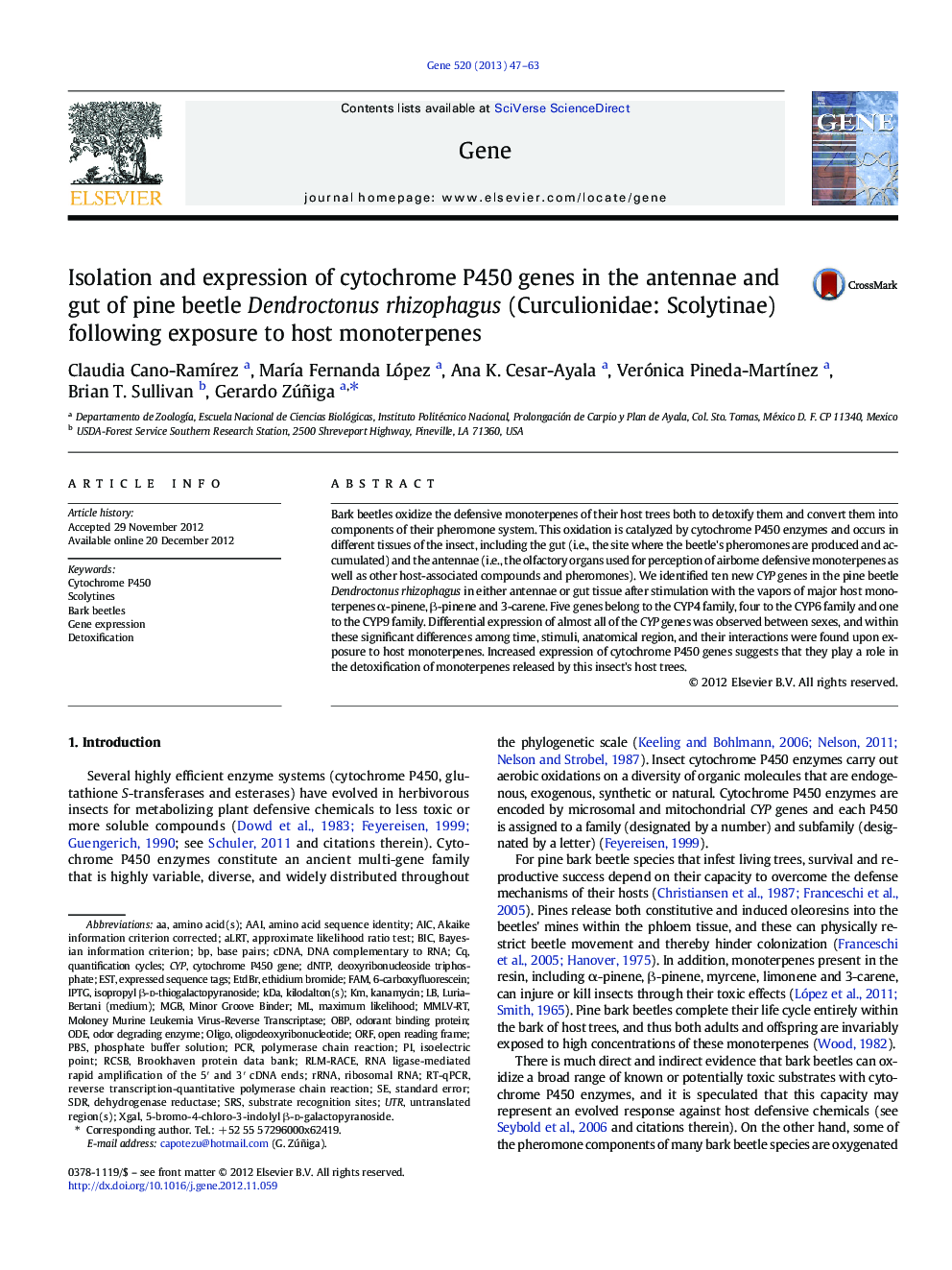 Isolation and expression of cytochrome P450 genes in the antennae and gut of pine beetle Dendroctonus rhizophagus (Curculionidae: Scolytinae) following exposure to host monoterpenes