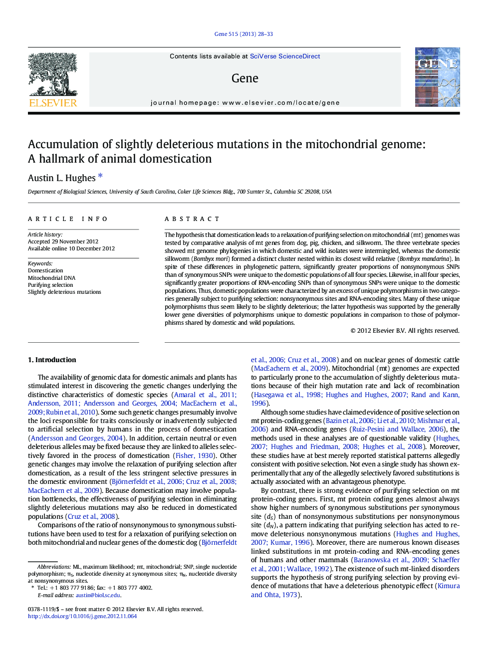 Accumulation of slightly deleterious mutations in the mitochondrial genome: A hallmark of animal domestication