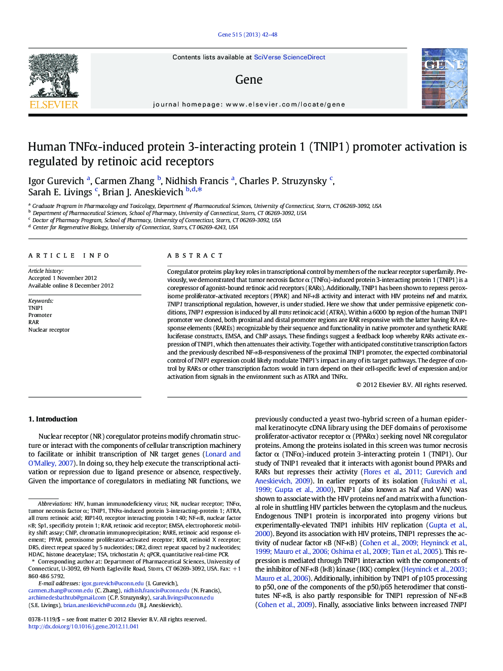 Human TNFα-induced protein 3-interacting protein 1 (TNIP1) promoter activation is regulated by retinoic acid receptors