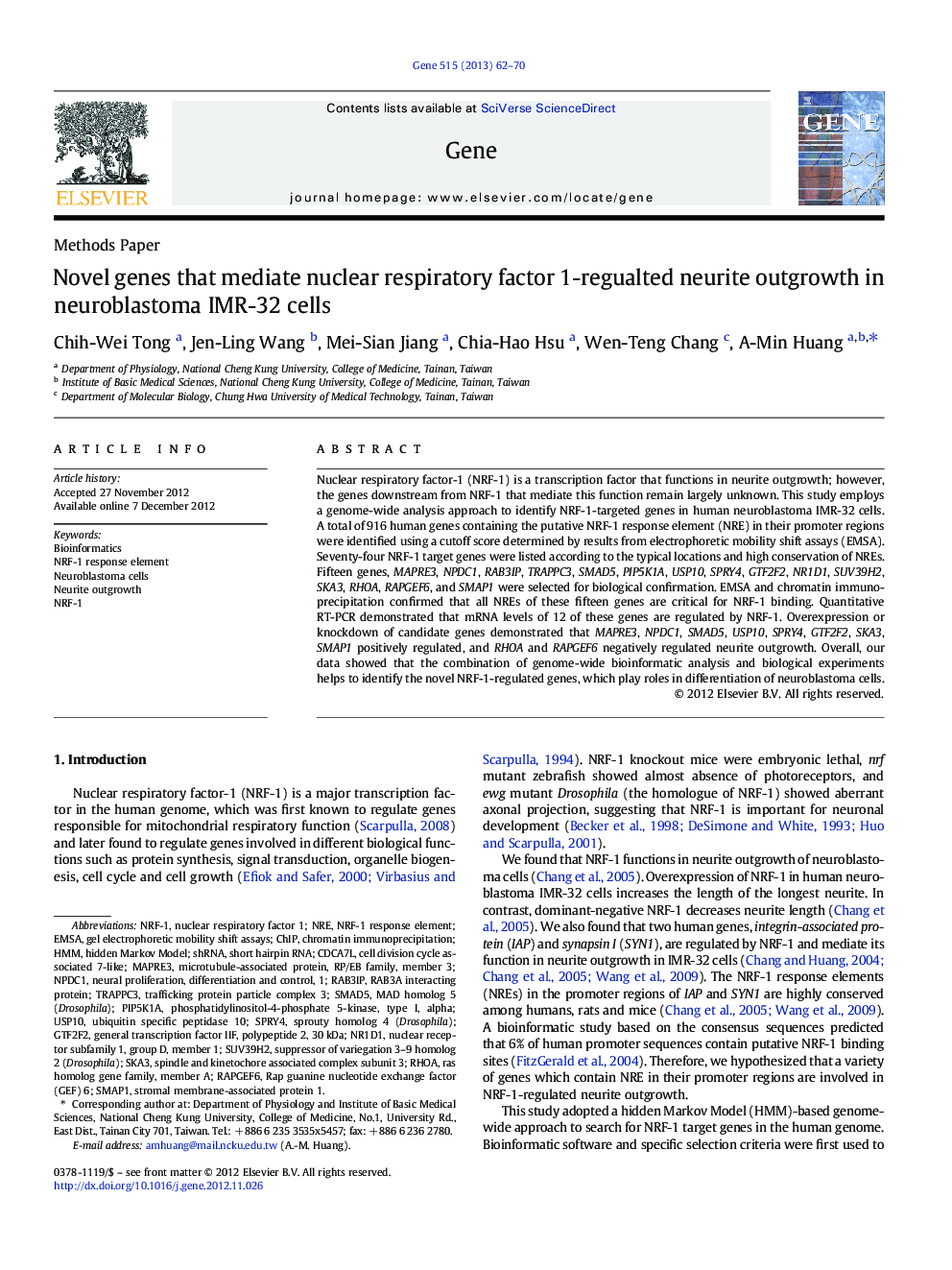 Novel genes that mediate nuclear respiratory factor 1-regualted neurite outgrowth in neuroblastoma IMR-32 cells