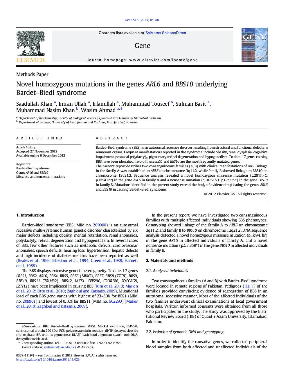 Novel homozygous mutations in the genes ARL6 and BBS10 underlying Bardet–Biedl syndrome