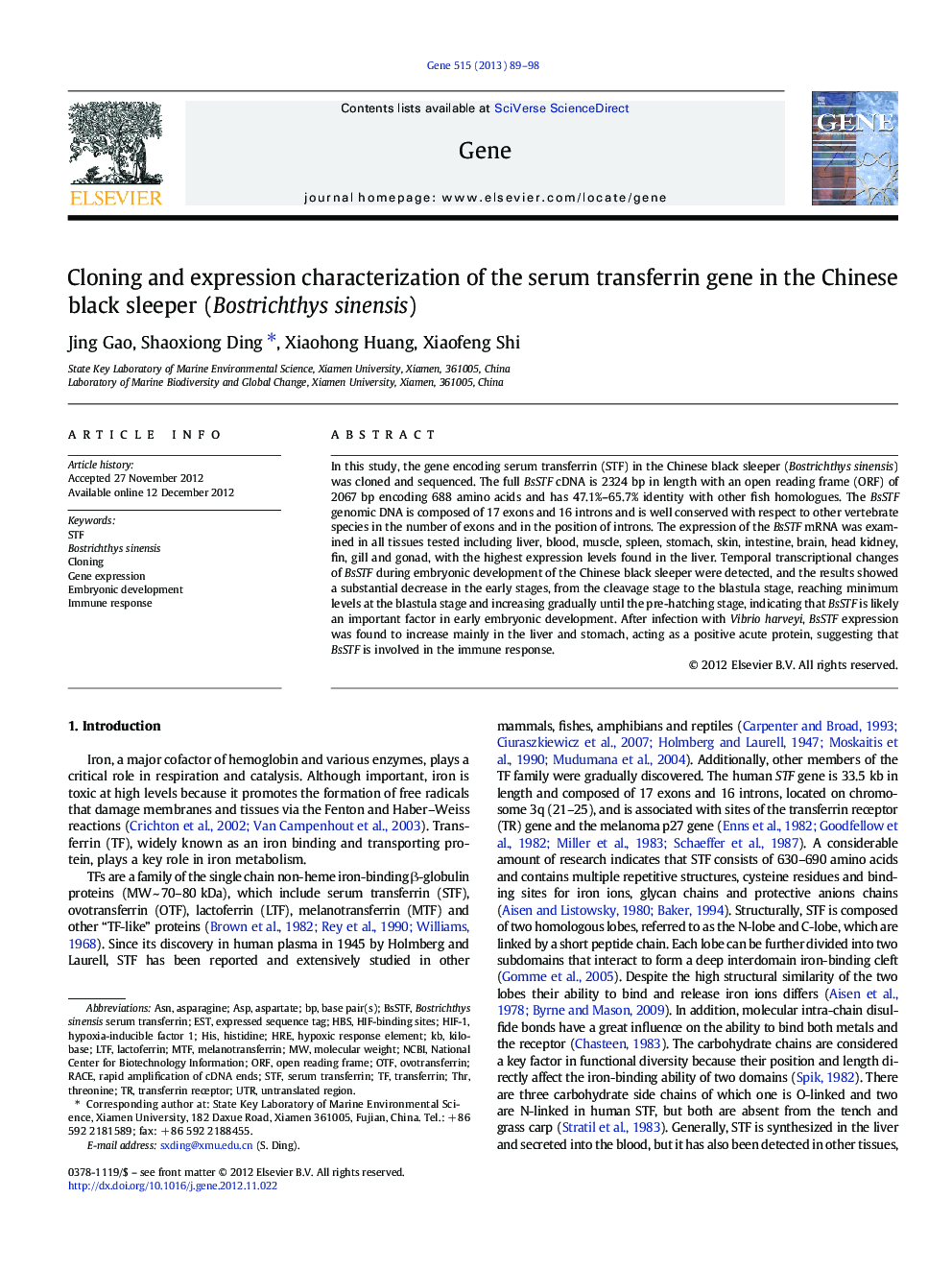 Cloning and expression characterization of the serum transferrin gene in the Chinese black sleeper (Bostrichthys sinensis)