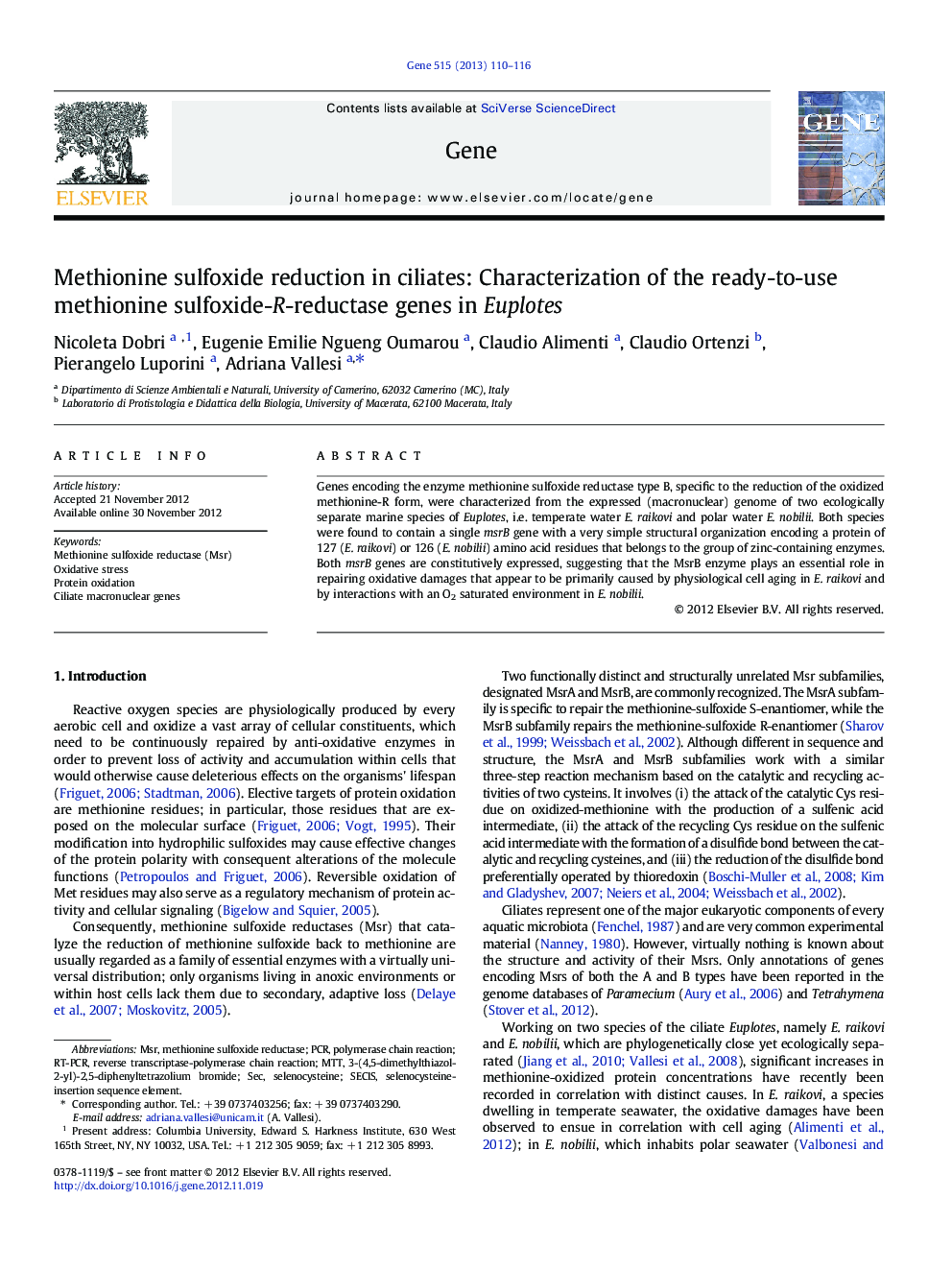 Methionine sulfoxide reduction in ciliates: Characterization of the ready-to-use methionine sulfoxide-R-reductase genes in Euplotes